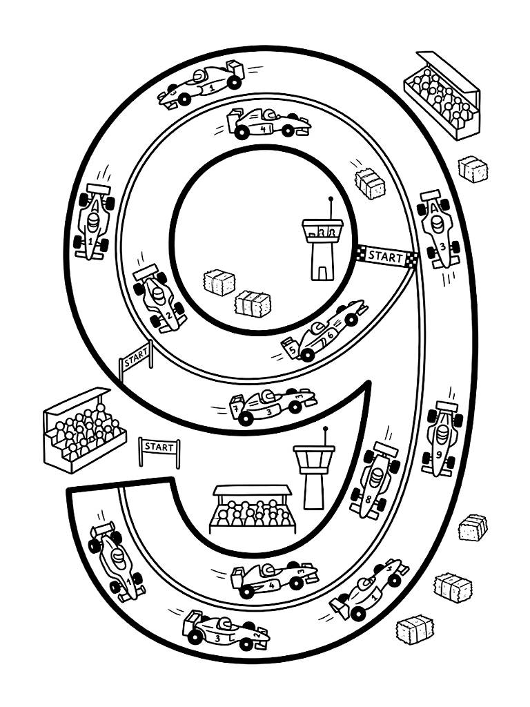 Giant Number Nine Styled As A Winding Grand Prix Race Track Featuring Exactly Nine Detailed Miniature Race Cars Zooming Around coloring page — free printable for kids and adults