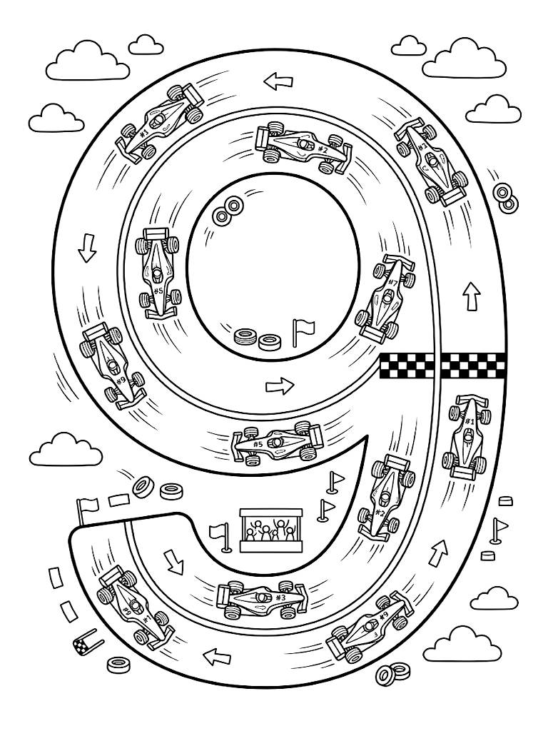Giant Number Nine Styled As A Winding Grand Prix Race Track Featuring Exactly Nine Detailed Miniature Race Cars Zooming Around coloring page — free printable for kids and adults