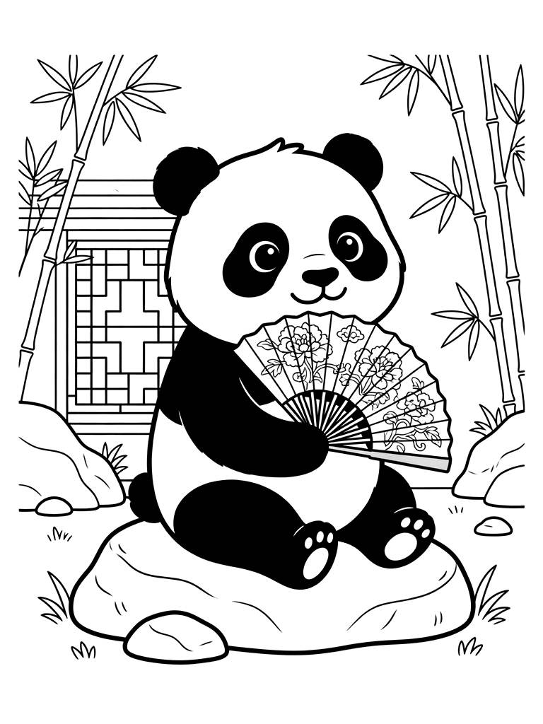 Giant Panda Sitting On A Rock And Holding A Colorful Paper Fan In A Chinese Garden Coloring Page