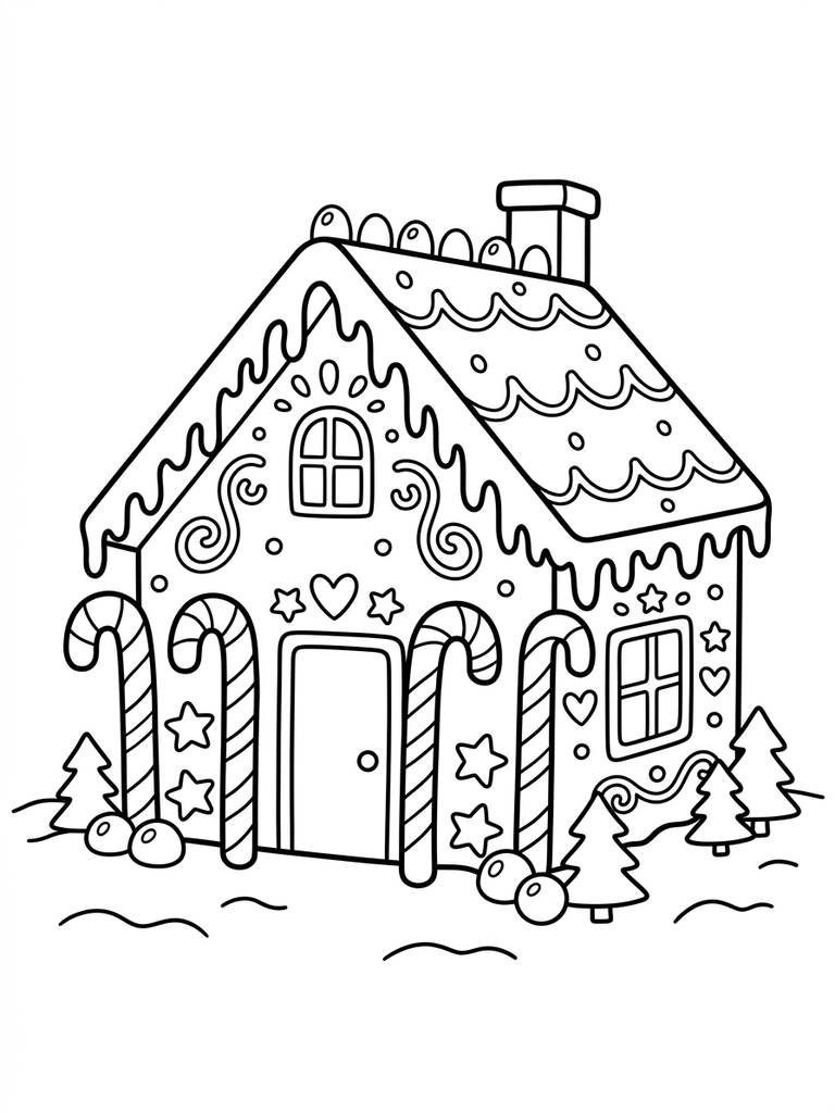 Gingerbread House With Candy Canes And Icing Decorations Coloring Page