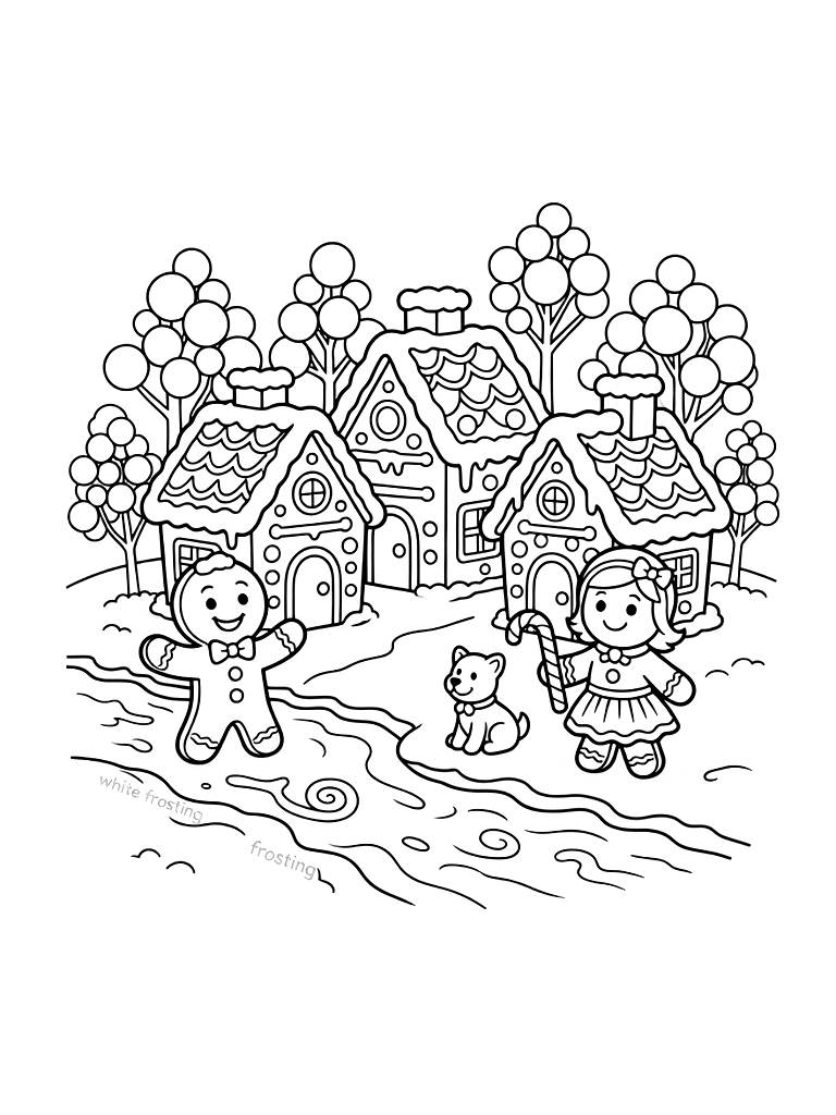 Gingerbread Village With Gumdrop Trees And A River Made Of White Frosting Coloring Page
