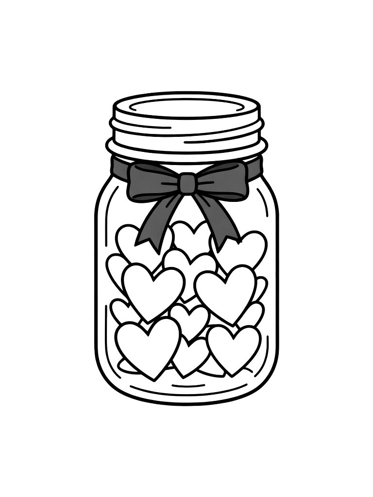 Glass Mason Jar Filled With Paper Hearts And Tied With A Red Ribbon Coloring Page