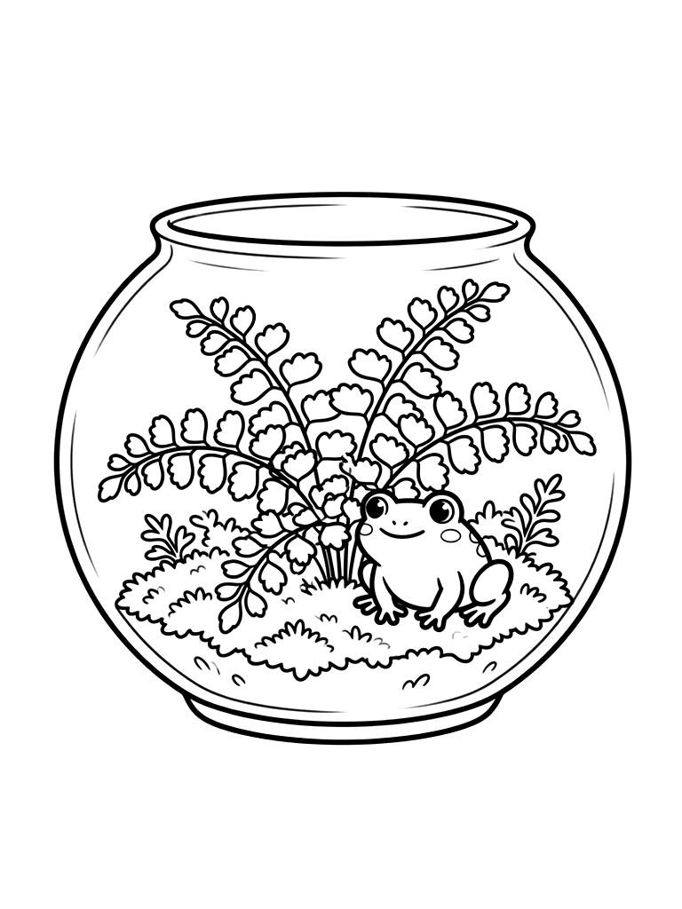 Glass Terrarium Bowl With A Lush Maidenhair Fern And A Tiny Ceramic Frog On A Moss Bed Coloring Page
