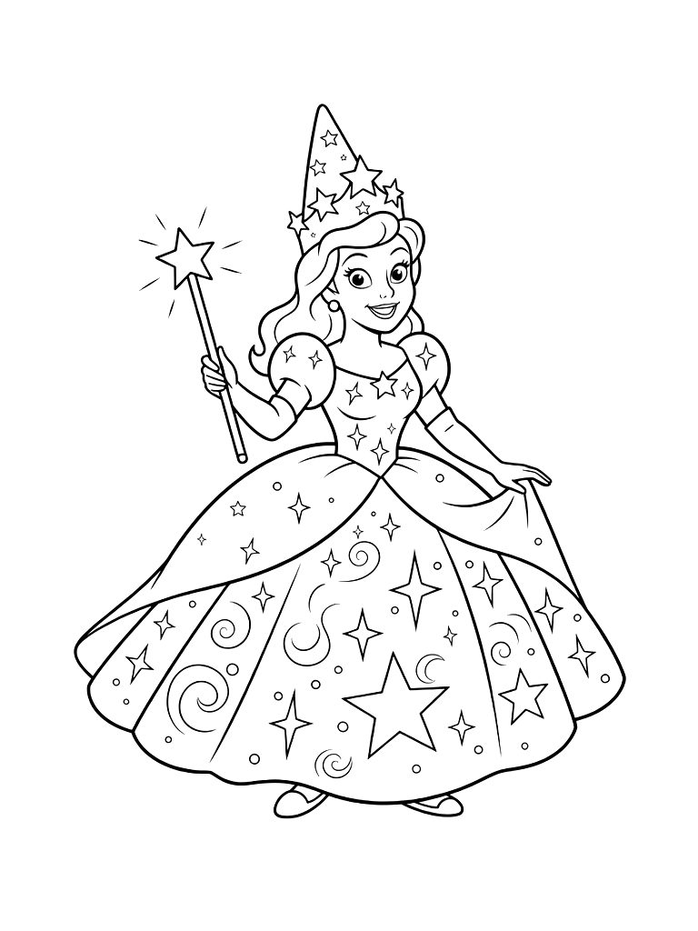 Glinda In Sparkling Ball Gown With Wand Coloring Page