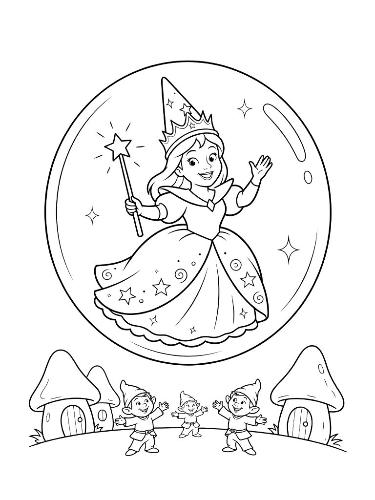 Glinda The Good Witch In Her Bubble Arriving At Munchkinland Coloring Page