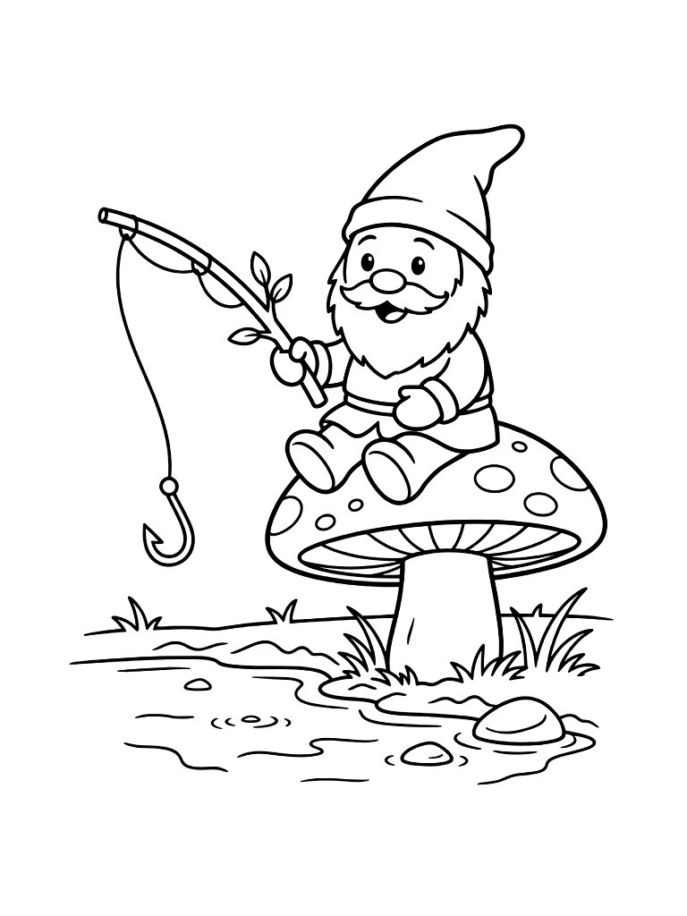 Gnome Fisherman Sitting On A Mushroom Ledge Over A Forest Stream With A Willow Branch Rod Coloring Page