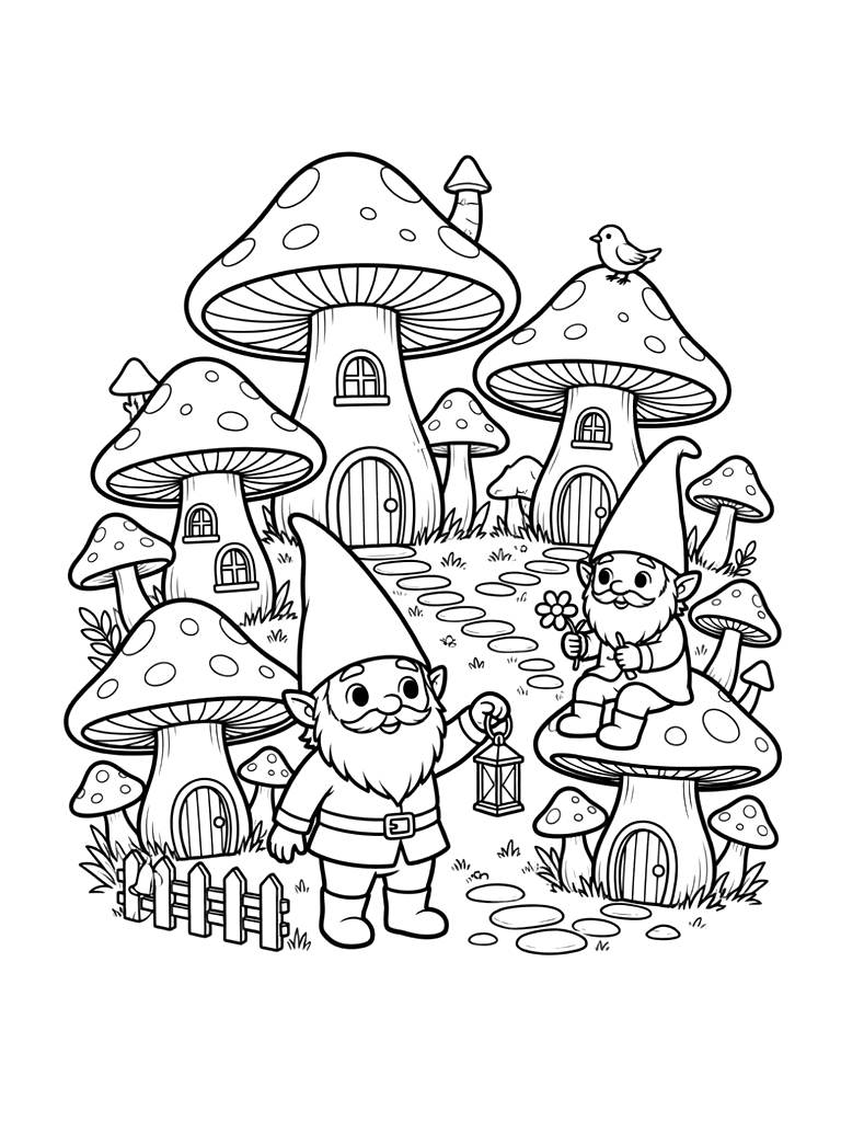 Gnome Village With Mushrooms Coloring Page