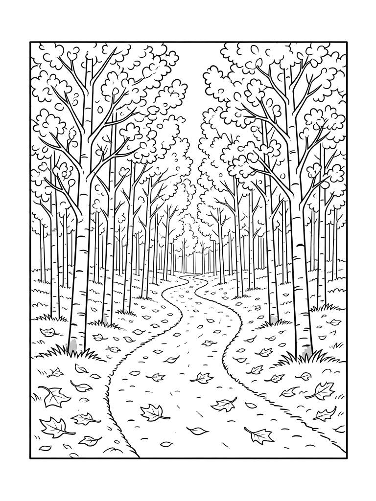 Golden Aspen Tree Forest With A Winding Dirt Path And Fallen Leaves Coloring Page