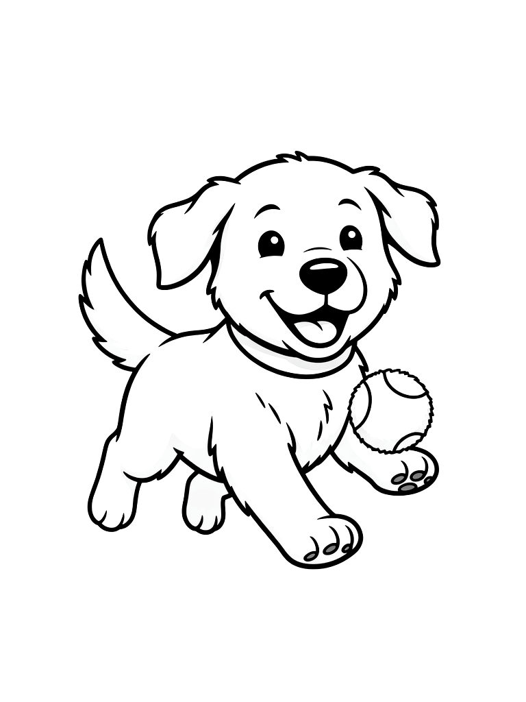 Golden Retriever Puppy Running With A Tennis Ball In A Park Coloring Page — free printable for kids and adults