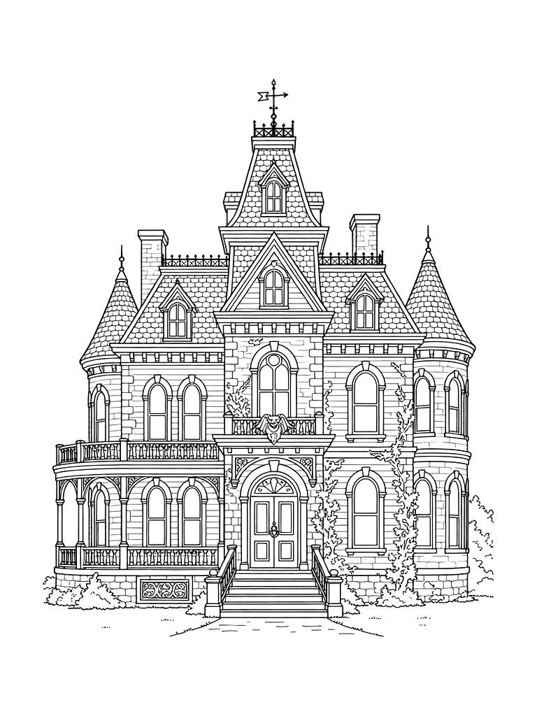 Gothic Victorian Mansion Coloring Page