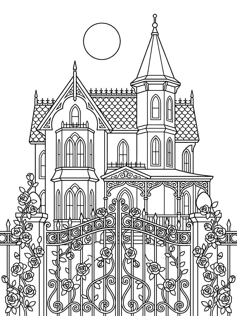 Gothic Victorian Mansion Featuring An Ornate Wrought-Iron Gate Wrapped In Blooming Dark Red Climbing Roses Under A Full Spring Moon coloring page — free printable for kids and adults