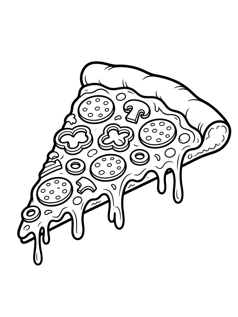 Gourmet Pizza Slice With Melting Cheese And Vibrant Vegetable Toppings Coloring Page — free printable for kids and adults
