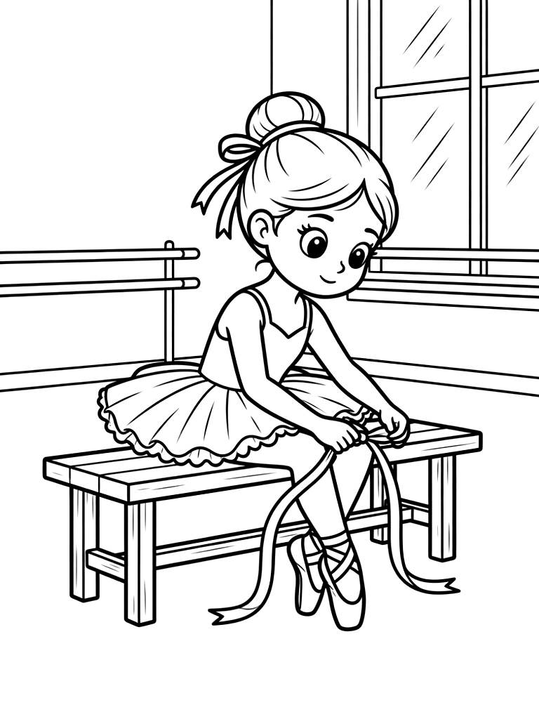 Graceful Ballet Dancer Tying The Satin Ribbons Of Her Pointe Shoes While Sitting On A Wooden Bench In A Sun-drenched Dance Studio Coloring Page