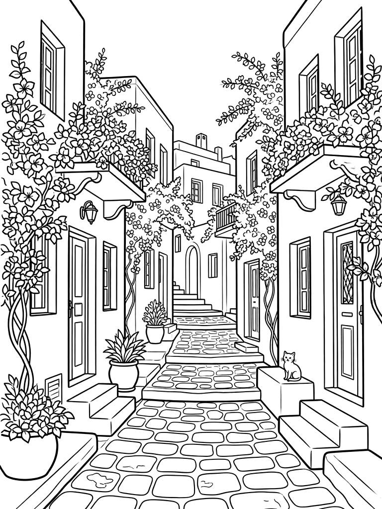 Greek Island Street With White Houses And Bright Pink Bougainvillea Coloring Page