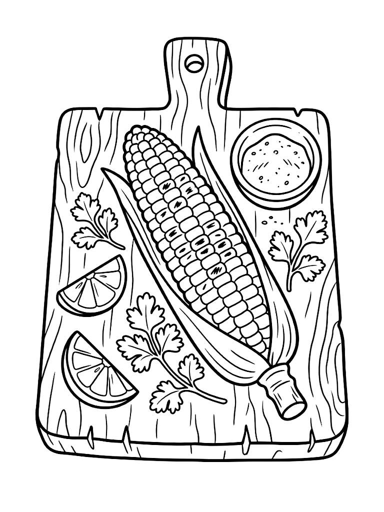 Grilled Corn On The Cob Resting On A Rustic Wooden Board With Sliced Limes Sprigs Of Cilantro And A Bowl Of Chili Powder coloring page — free printable for kids and adults