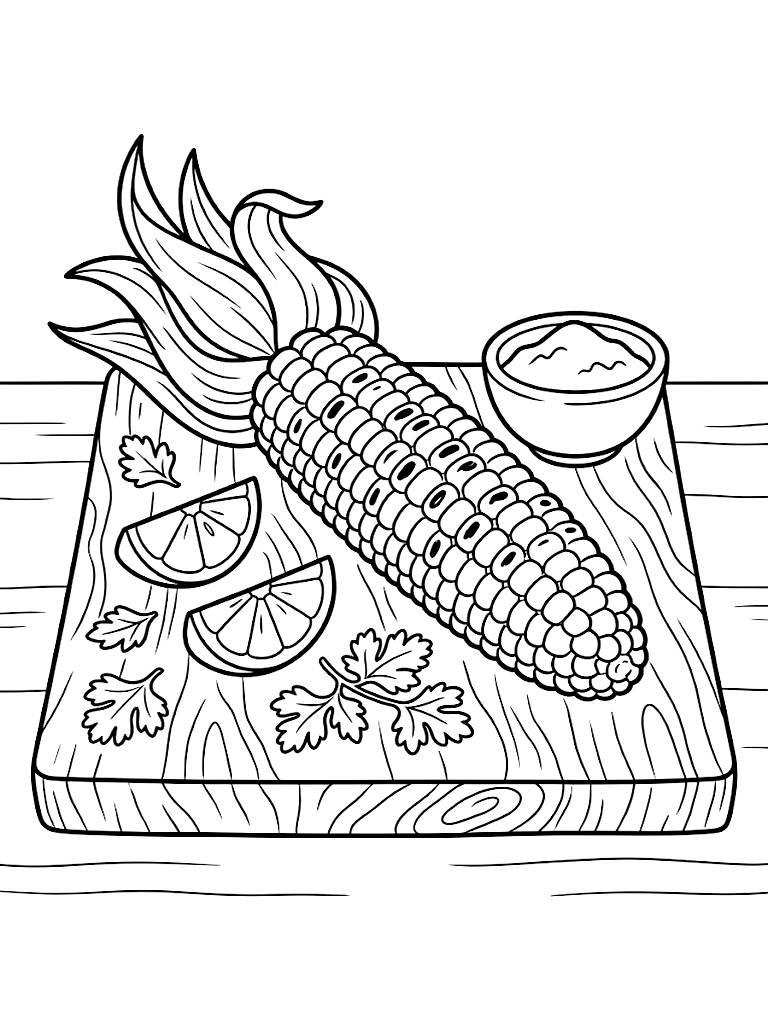 Grilled Corn On The Cob Resting On A Rustic Wooden Board With Sliced Limes Sprigs Of Cilantro And A Bowl Of Chili Powder coloring page — free printable for kids and adults