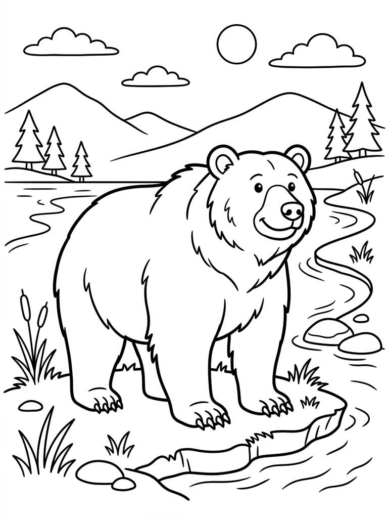 Grizzly Bear By River Or Lake Coloring Page