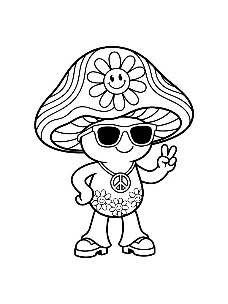 Groovy 70s Style Mushroom With A Wavy Rainbow Cap And Smiling Daisy Petals Coloring Page