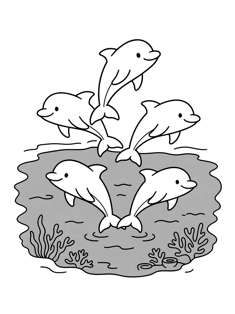 Group Of Dolphins Swimming In A V Formation Through A Turquoise Tropical Lagoon Coloring Page