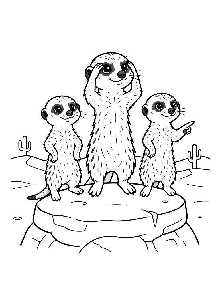 Group Of Meerkats Standing On Their Hind Legs On A Lookout Rock In The African Desert Coloring Page