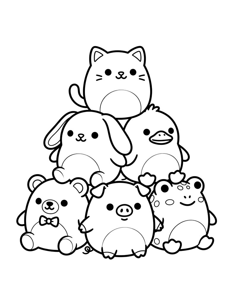 Group Of Round Squishy Animal Plushies Stacked In A Cute Pyramid Coloring Page