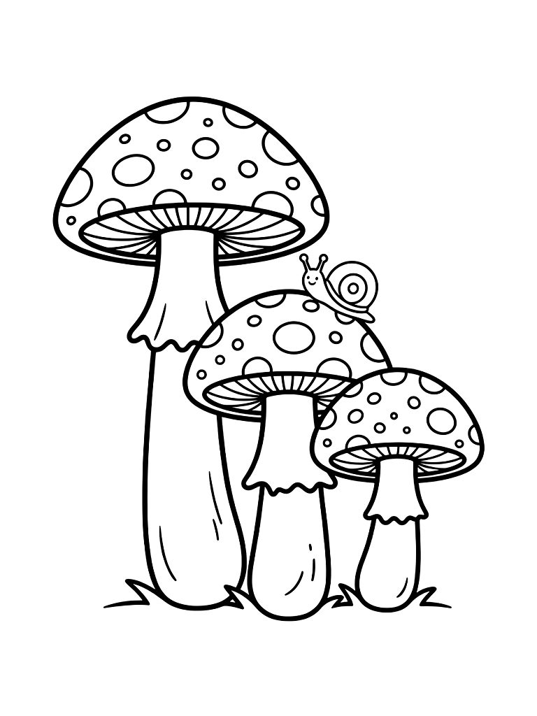 Group Of Tall Amanita Mushrooms Of Varying Sizes With A Small Snail Crawling Up One Of The White-spotted Caps Coloring Page