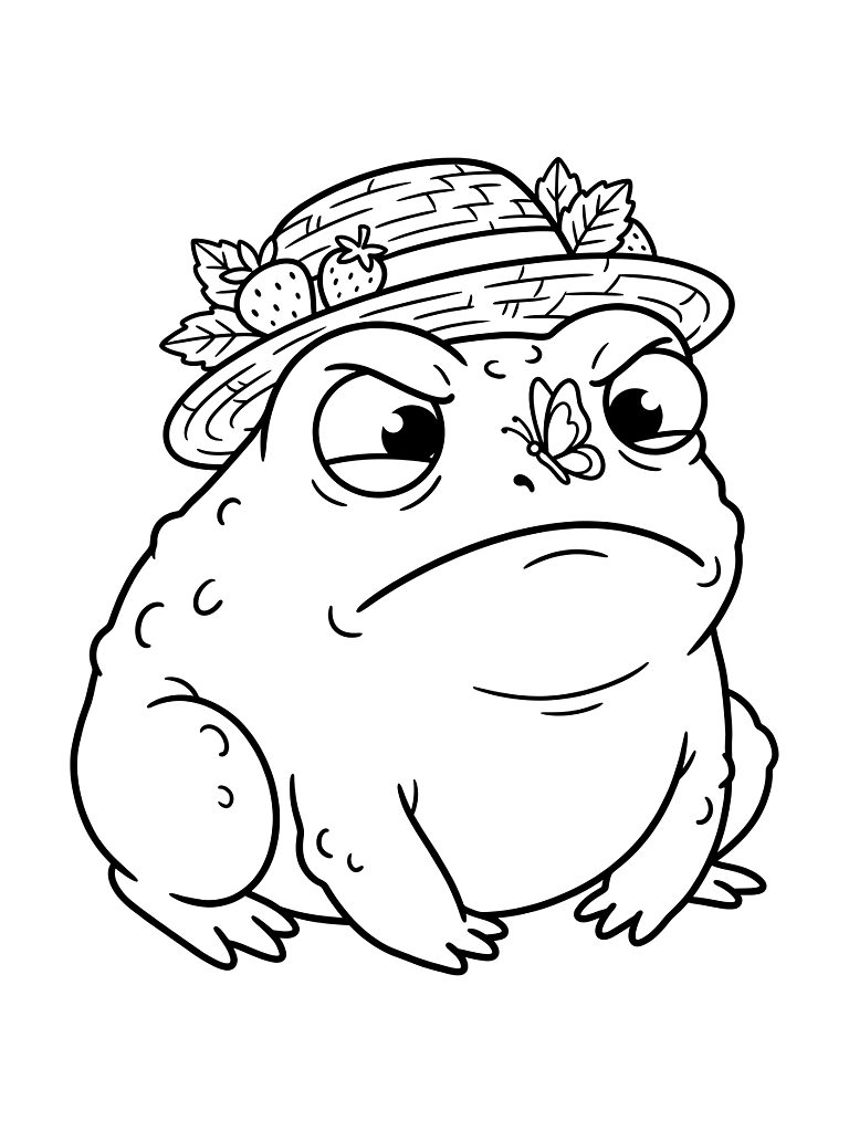 Grumpy Chubby Rain Frog Wearing A Woven Strawberry Hat Looking Cross-Eyed At A Tiny Blue Butterfly Resting On Its Nose coloring page — free printable for kids and adults