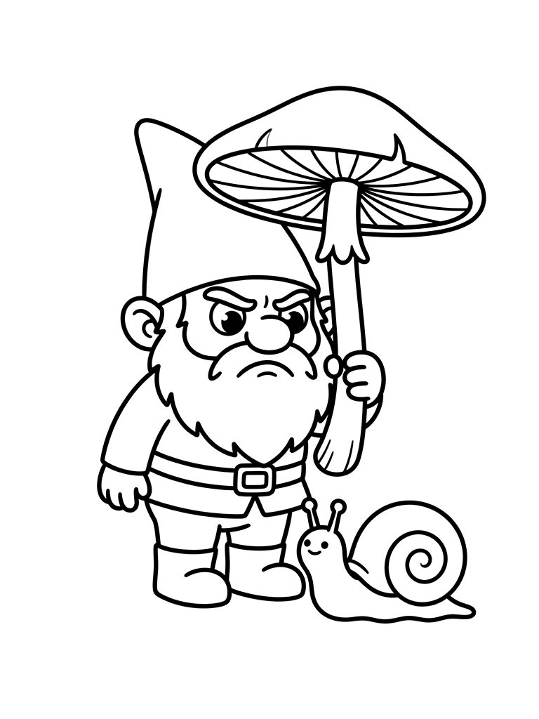Grumpy Garden Gnome Using A Large Mushroom As An Umbrella While Waiting For A Snail To Pass By Coloring Page