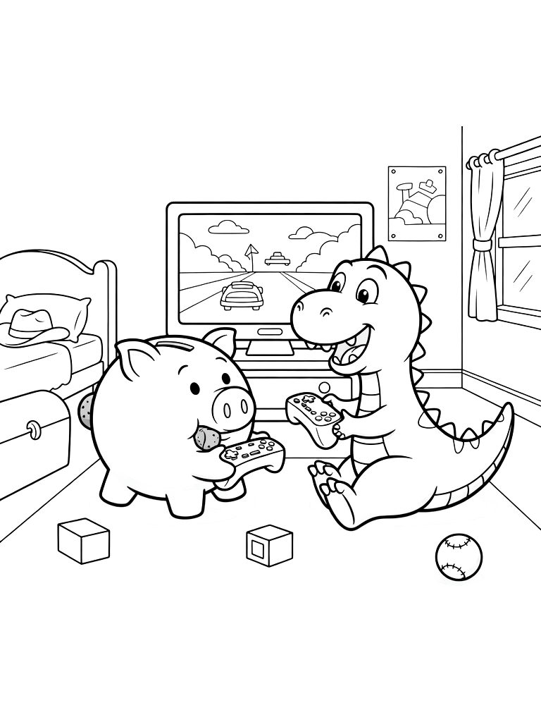 Hamm The Piggy Bank And Rex The Dinosaur Playing A Video Game Together In Andy's Room Coloring Page