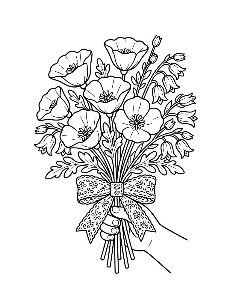 Hand-held Bouquet Of California Poppies And Bluebells Wrapped In Rustic Lace Ribbon Coloring Page — free printable for kids and adults