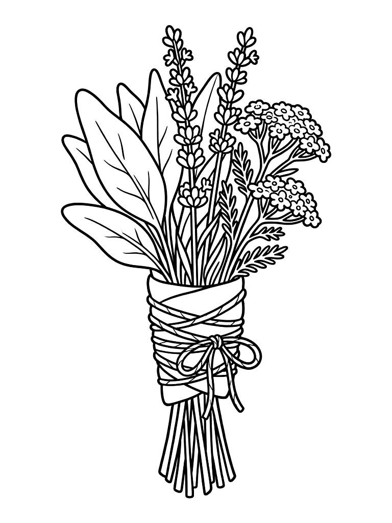 Hand-Tied Botanical Bundle Of White Sage Dried Lavender And Blooming Yarrow Wrapped Tightly With Natural Twine coloring page — free printable for kids and adults