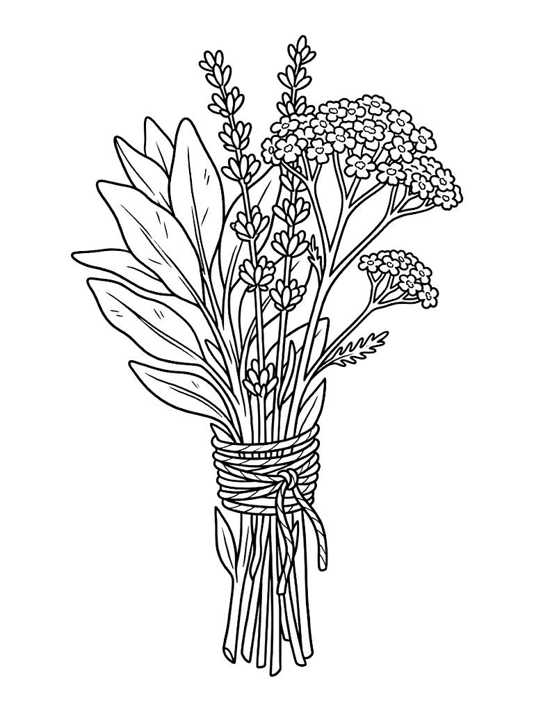 Hand-Tied Botanical Bundle Of White Sage Dried Lavender And Blooming Yarrow Wrapped Tightly With Natural Twine coloring page — free printable for kids and adults