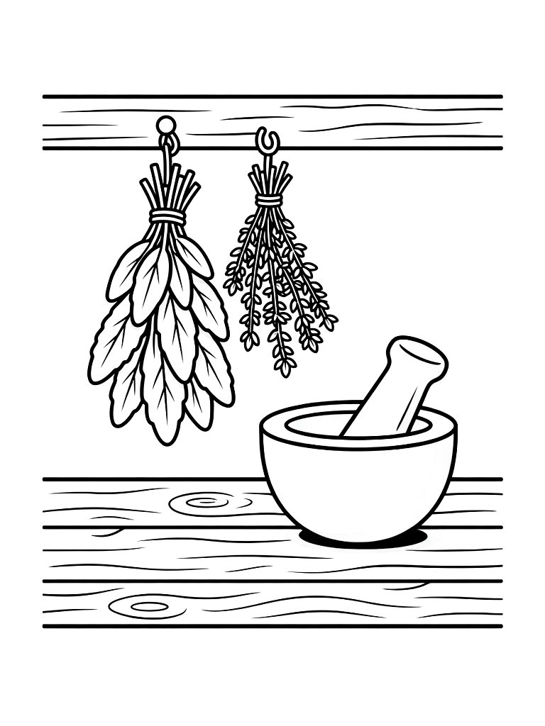 Hanging Bundles Of Drying Sage And Thyme Next To A Stone Mortar And Pestle On A Rustic Wooden Kitchen Counter Coloring Page