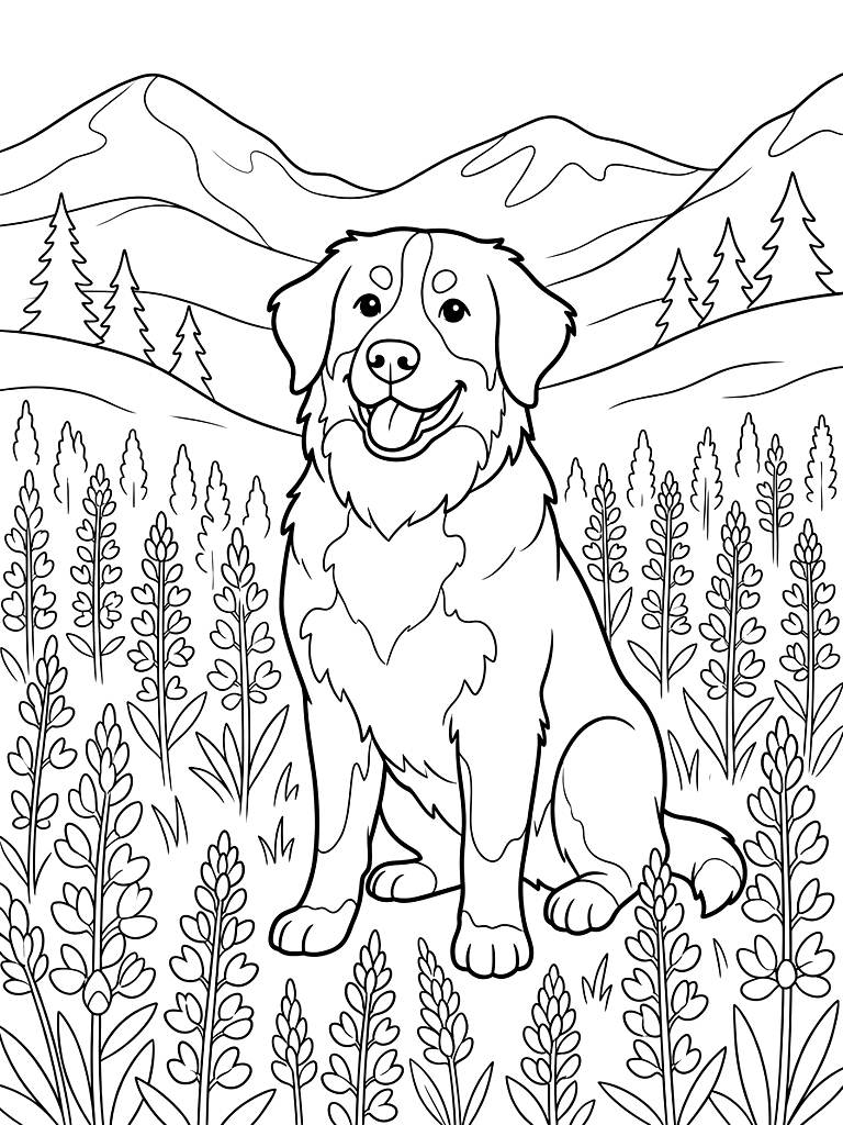 Happy Bernese Mountain Dog Sitting Proudly In A Stunning Alpine Meadow Completely Surrounded By Blooming Purple Lupine Flowers coloring page — free printable for kids and adults