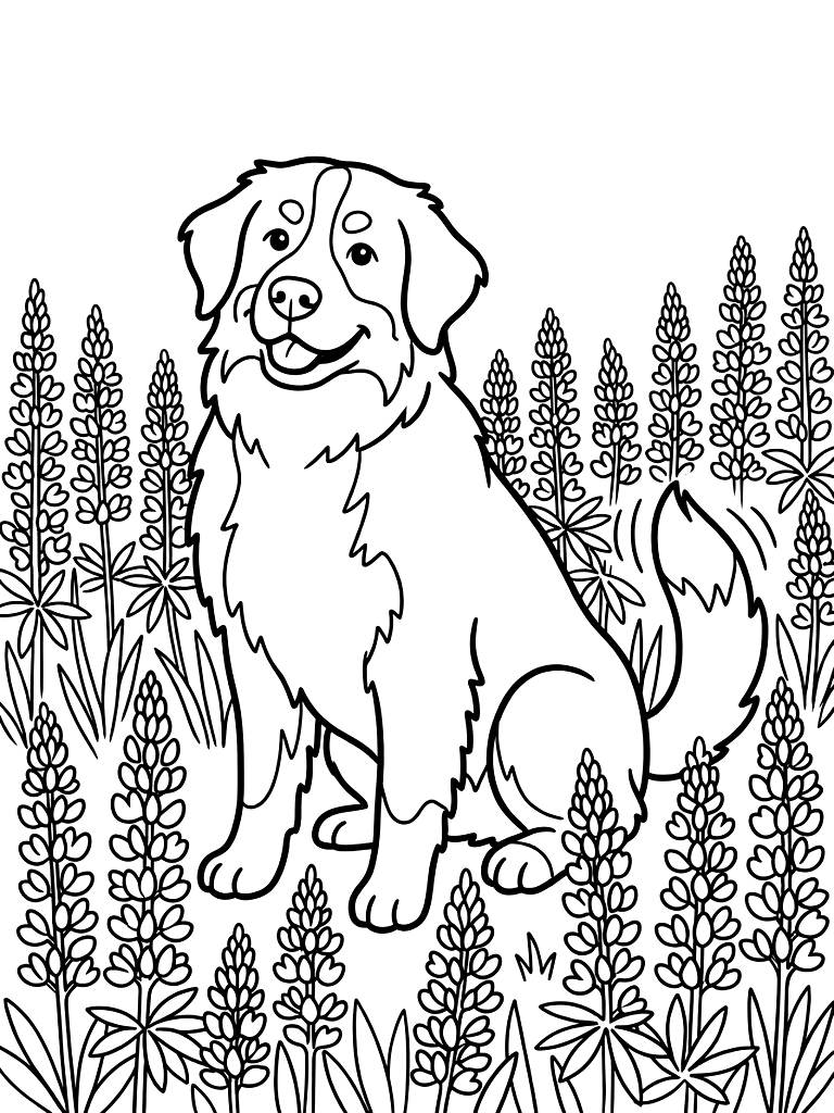 Happy Bernese Mountain Dog Sitting Proudly In A Stunning Alpine Meadow Completely Surrounded By Blooming Purple Lupine Flowers coloring page — free printable for kids and adults