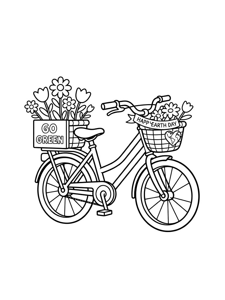 Happy Earth Day Scene Featuring A Bicycle With A Basket Of Flowers And A Go Green Sign Coloring Page