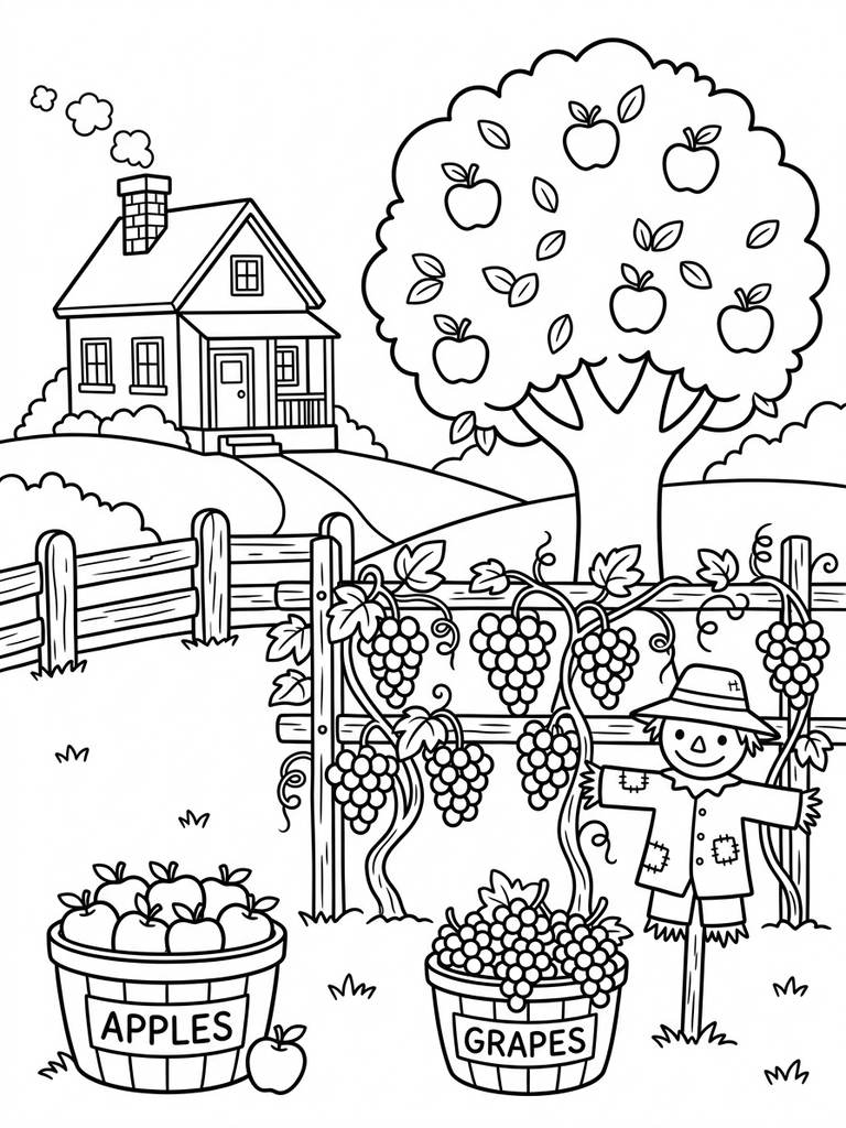 Harvest Scene With Apples Coloring Page