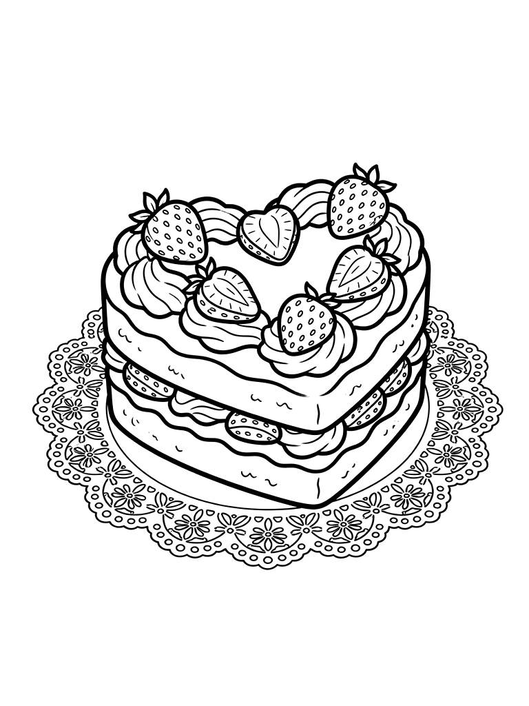 Heart-shaped Strawberry Shortcake With Layers Of Whipped Cream And Fresh Berry Slices On A Lace Doily Coloring Page