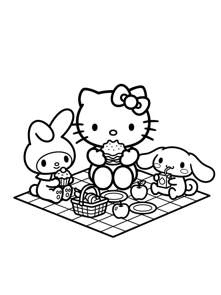 Hello Kitty And Friends Group Picnic Coloring Page