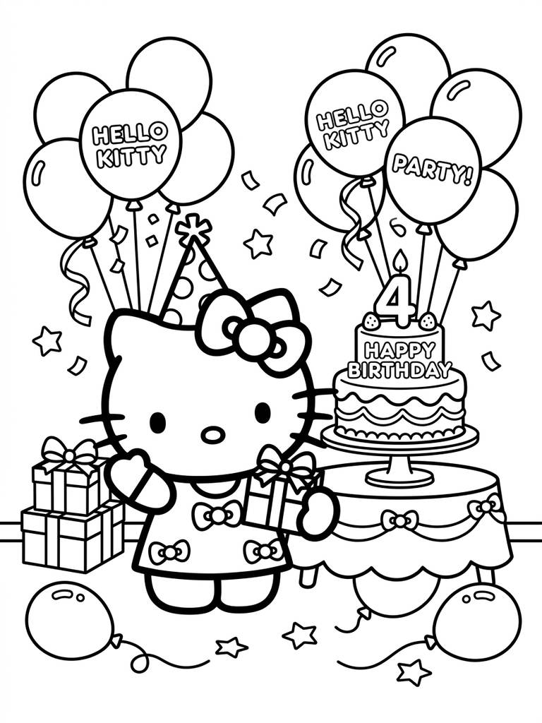 Hello Kitty Birthday Party / With Cake And Balloons Coloring Page