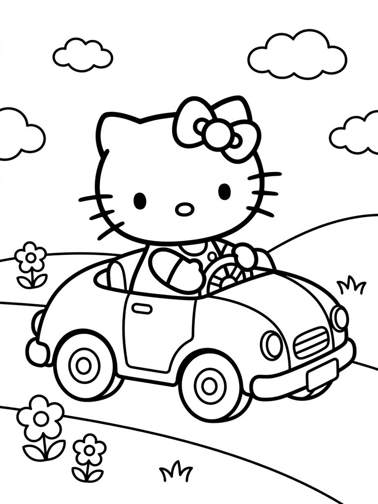 Hello Kitty Driving A Car / Cute Vehicle Scene Coloring Page