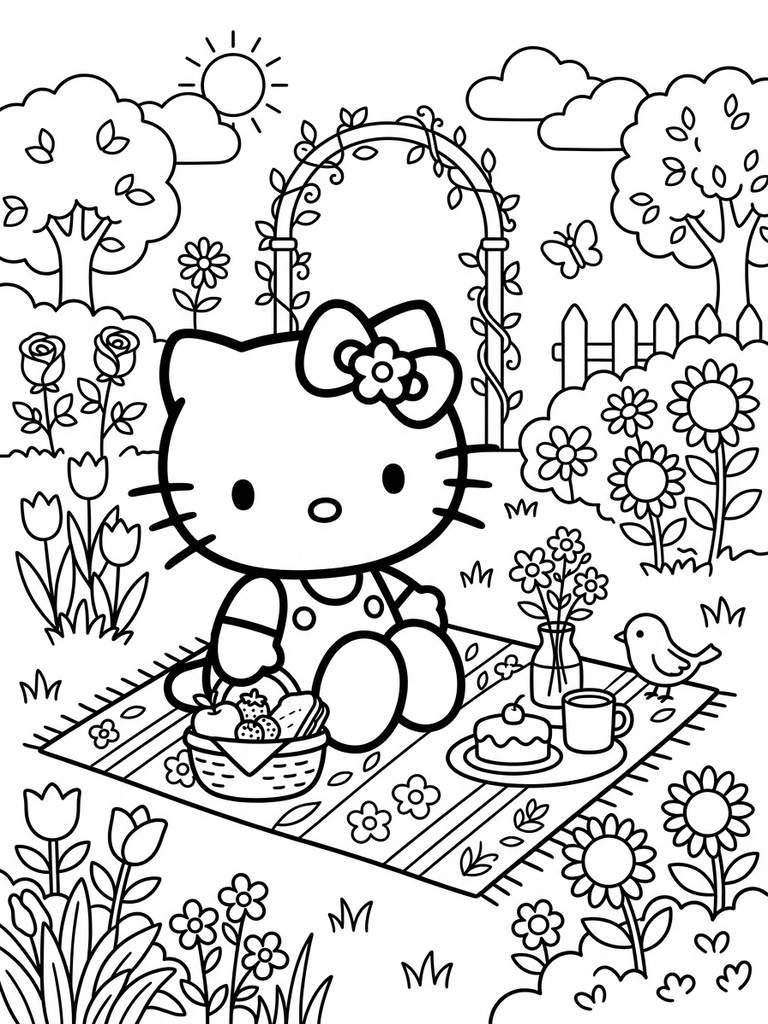 Hello Kitty In Garden / With Flowers Or Picnic Coloring Page