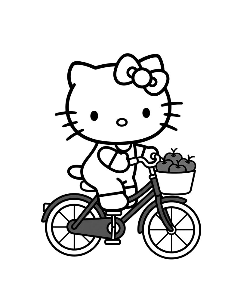 Hello Kitty Riding A Red Bicycle With A Basket Full Of Green Apples Coloring Page