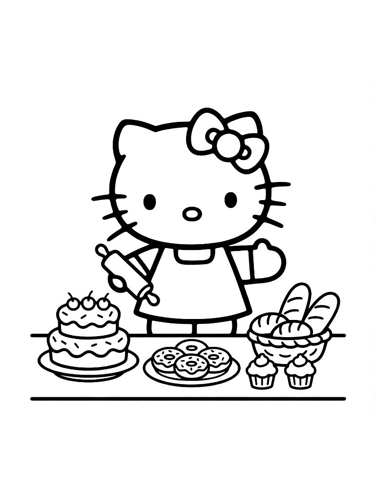 Hello Kitty Standing Behind A Bakery Counter Filled With Cute Cakes Coloring Page