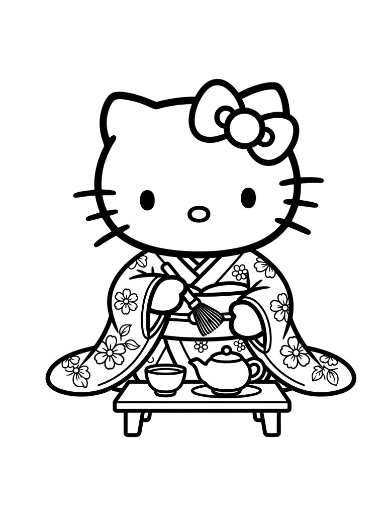 Hello Kitty Wearing A Kimono Participating In A Tea Ceremony Coloring Page