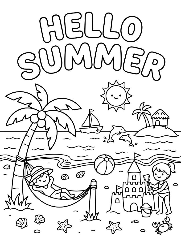 Hello Summer Beach And Tropical Vacation Scenes coloring page — free printable for kids and adults