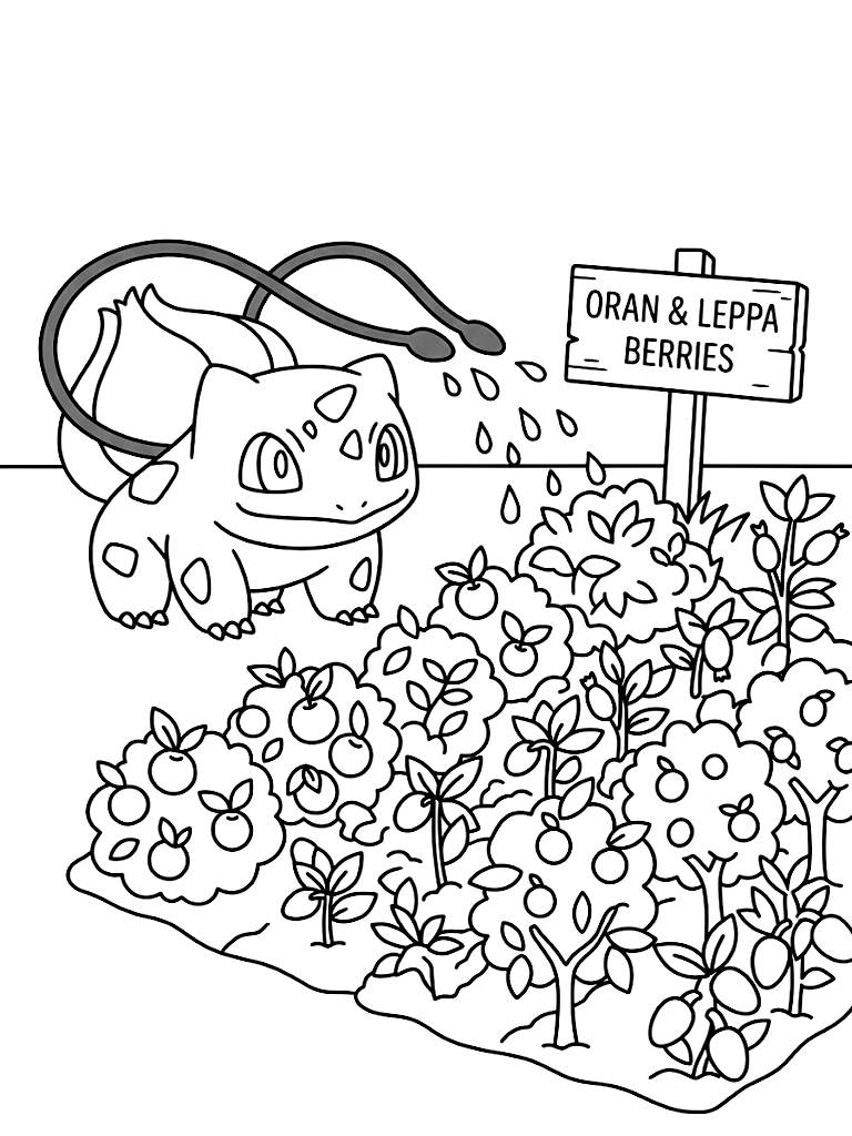Helpful Bulbasaur Using Its Green Vines To Gently Water A Bountiful Garden Patch Full Of Oran And Leppa Berries coloring page — free printable for kids and adults
