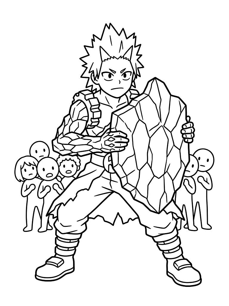 Heroic Eijiro Kirishima Activating His Hardening Quirk To Create A Rocky Shield While Standing Firmly To Protect His Classmates coloring page — free printable for kids and adults