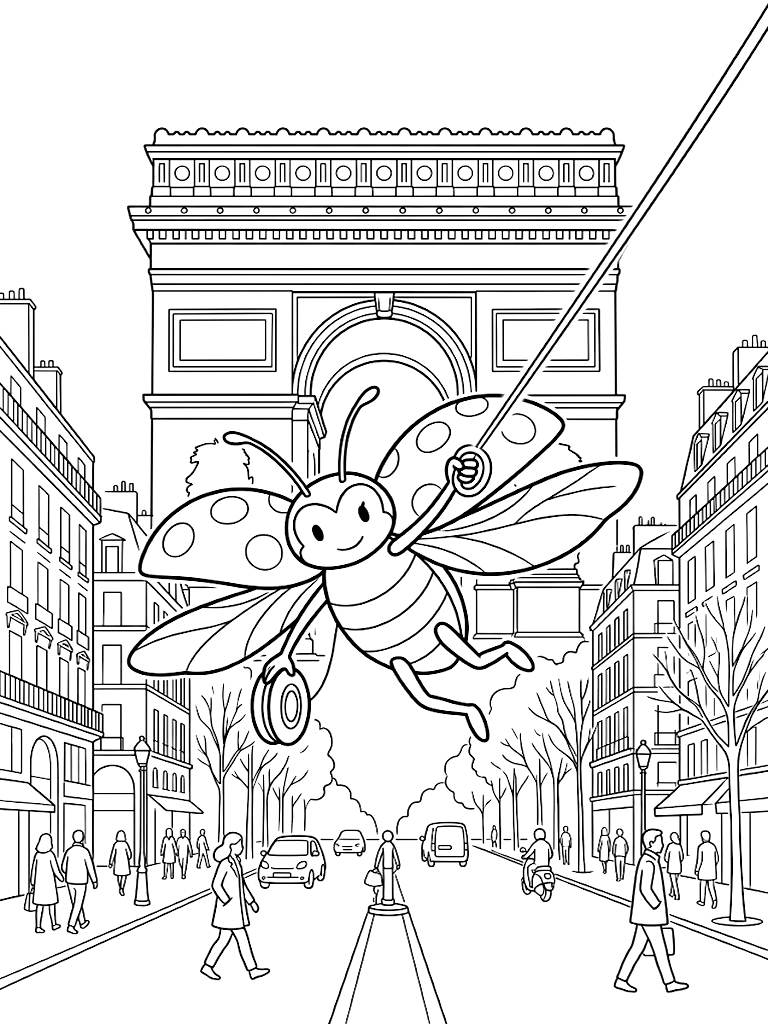 Heroic Ladybug Dynamically Swinging Through The Bustling Streets Of Paris Using Her Magical Yo-Yo With The Arc De Triomphe Behind Her coloring page — free printable for kids and adults