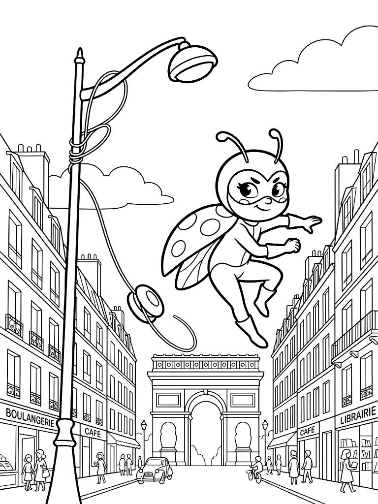 Heroic Ladybug Dynamically Swinging Through The Bustling Streets Of Paris Using Her Magical Yo-Yo With The Arc De Triomphe Behind Her Coloring Page